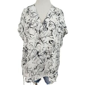 Joie Top Women 1X White Floral Linen V-Neck Short Sleeve Pullover Blouse Relaxed